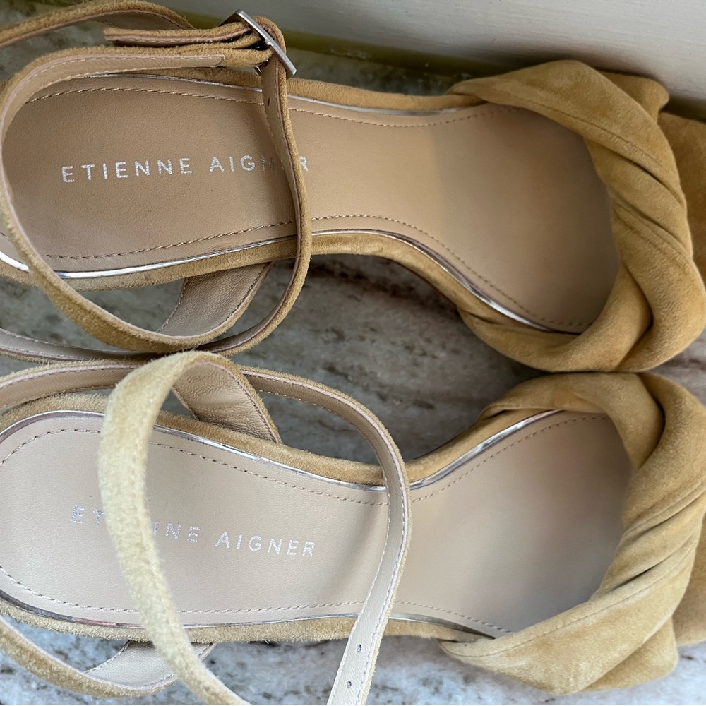 Yellow Honey Suede Leather MARTANA Etienne Aigner Ankle Wrap Heeled Sandals Sz 9 - Picture 5 of 9